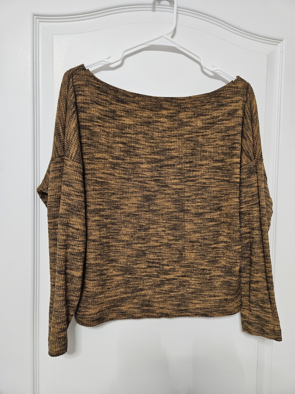 Express Off-the-Shoulder Marled Mustard and Brown Sweater